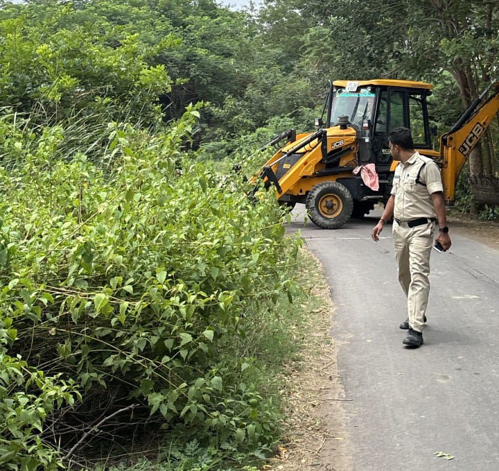 రోడ్డుకు ఇరువైపులా ఉన్న ముళ్ళ పొదలు తొలగింపు